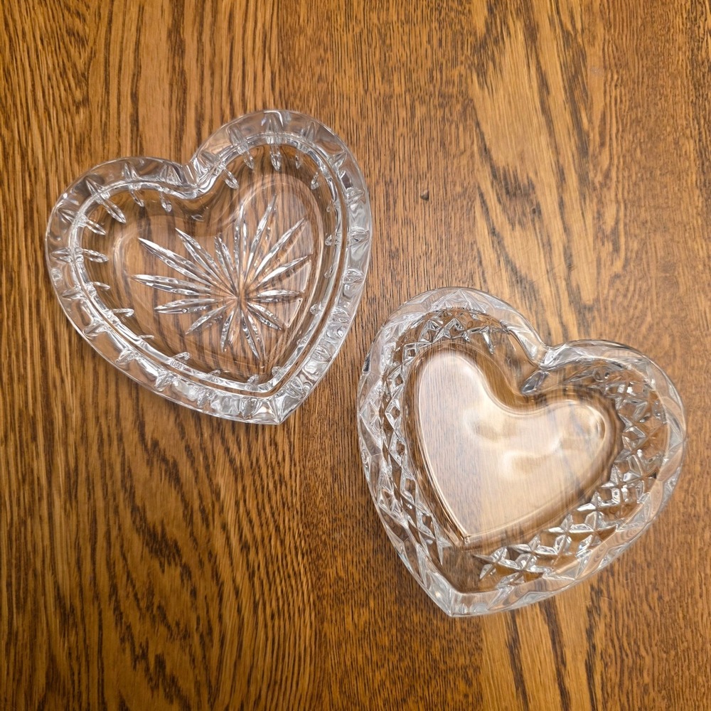 2 Heart Shaped Lead Crystal Trinket Tray Clear Glass Starburst Diamond Cut Gift